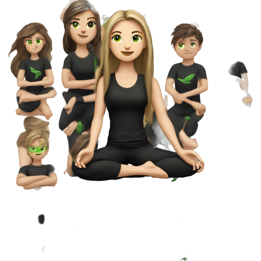 Beautiful white girl with perfect dark brown long straight amazing hair and green eyes sitting in yoga pose with black outfit (short sleeve top)