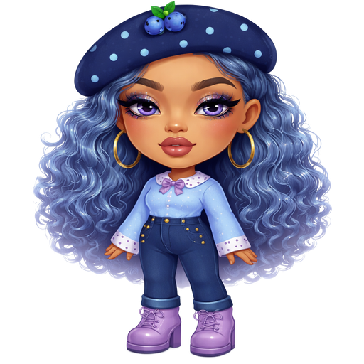 Blueberry Muffin with a Neutral Olive Beige Skin Tone adding to it a Heavy Upper Lip furthering the Deepset Eyelashes with a Velvety Matte Mauve Moment Lipstick Style Finish with a HD Glitter Eyeshadow Makeup Look with a Modern Tail-Arched Eyebrow and also Wide Set eyes, Going into a Rectangular Face Shape and a Mature Adult Toned Build and Deep set Earlobes Wearing a Dark Blue Beret with Light Blue Polka Dots all around it and a Light Blue Blueberry Clip at the Very top with Fizzy Curly Blue Hair with a Blue Long Sleeve Shirt with the Top of the Neckline being White with Blue Polka Dots and the bottom of the Sleeve are White with Blue Polka Dots and also the shirt has a thin Purple Bow in the Middle Wearing Dark Blue Pants and 4 Buttons on the Side and Purple Lilac Boots with Vivid and Distinct Features and Visual Texture in an intense polished shine