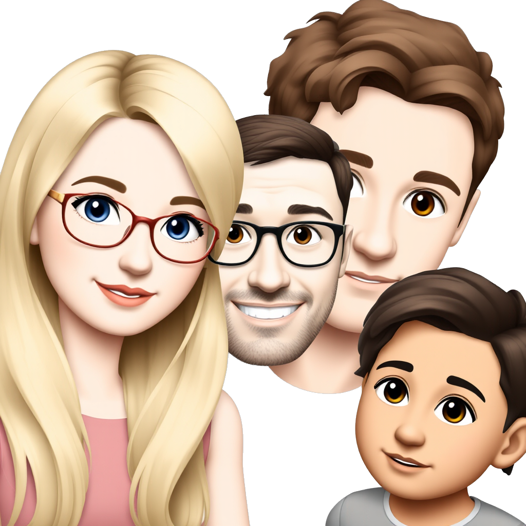 1 white girl with blonde hair with blue eyes and glasses, 1 white girl with long brown curly hair and brown eyes, with 1 young white guy with short dark brown hair and facial hair and blue eyes