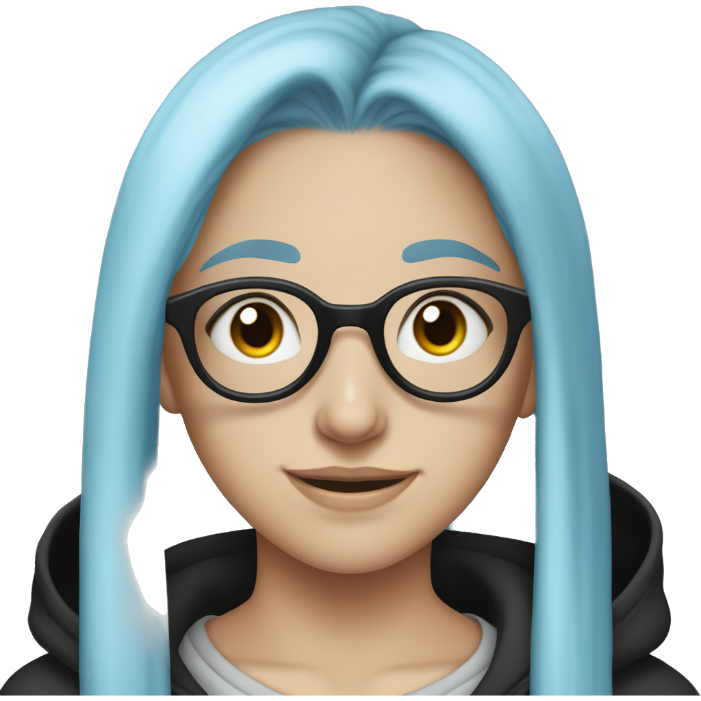 teenage girl with long, light blue hair, middle part, black hoodie, black glasses, light blue eyes,