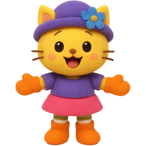 yellow cat doll purple hat with blue flower with purple shirt pink skirt orange gloves green and white and red longs socks and orange boots fan character emoji, expressive cute style