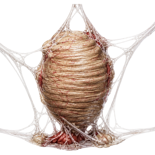 A fibrous, ribbed beige cocoon small red veins and tiny muscular tissue The structure anchors itself via a network of white spider webbing and organic fluids (dungeon fighter online game)