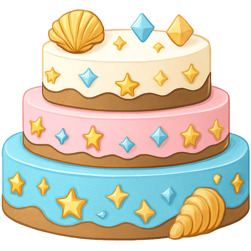 A five layer birthday cake which is pink and blue and white lots of stars and diamonds around and on it. Add a shing gold “happy birthday “ at the top of the cake. Add some brown cream.put some shiny shells on it,add some sea style