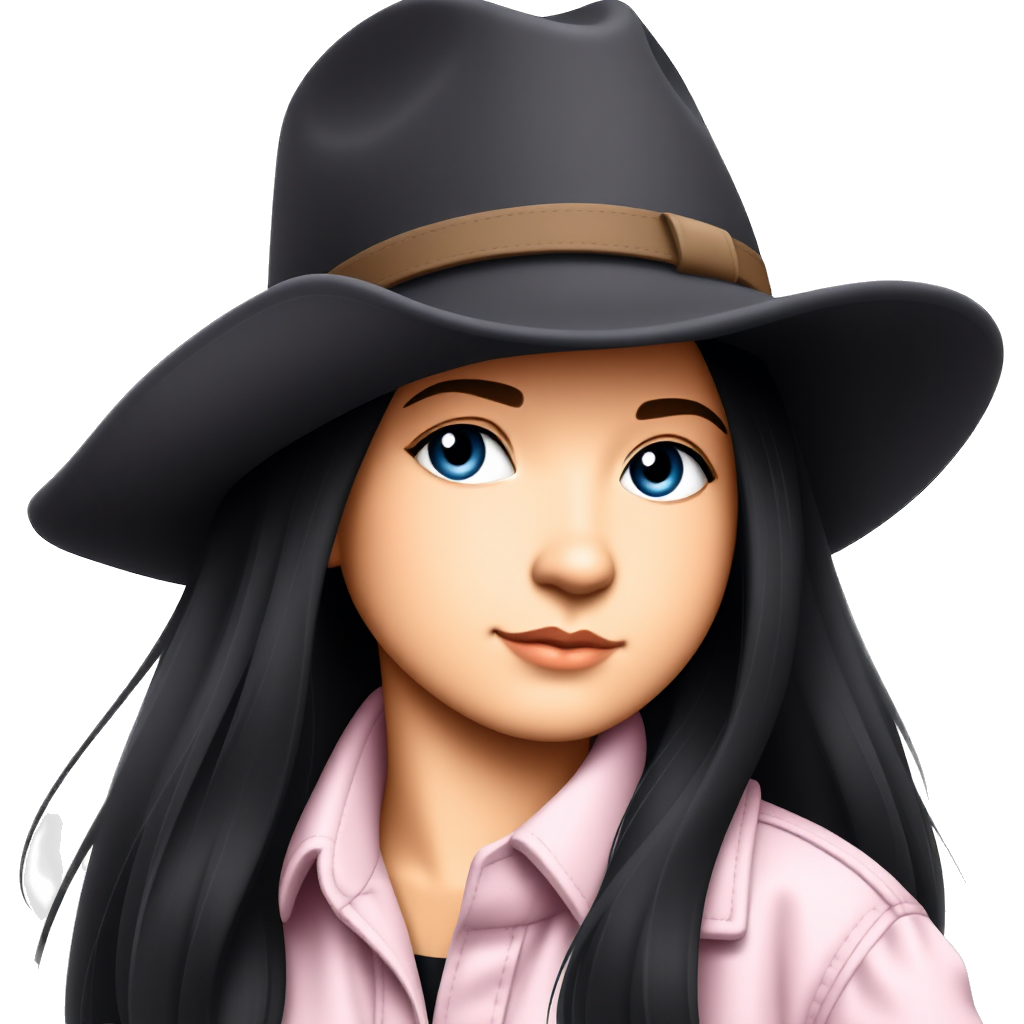 A girl with long black hair, blue eyes, sand skin tone, and a black cowboy hat with a light pink flannel shirt