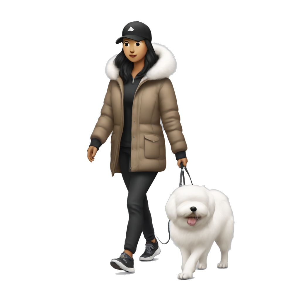 A bronze skin colored asian woman wearing a black ball cap and a white long down jacket is walking a one white big furry dog
