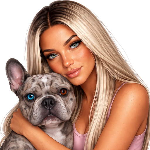 Latina Ice Blonde dark roots no makeup 40 year old baddie girl blue-grey eye color squinty dark freckles very straight long hair cuddling gray blue merle one blue eye one brown eye French bulldog serious smile light pink tank