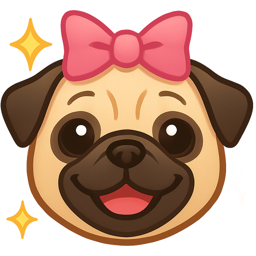 Haz un pug que sea hembra y que tenga destellos como de estrellas y esté feliz y con un lazo rosa mediano en la cabecita