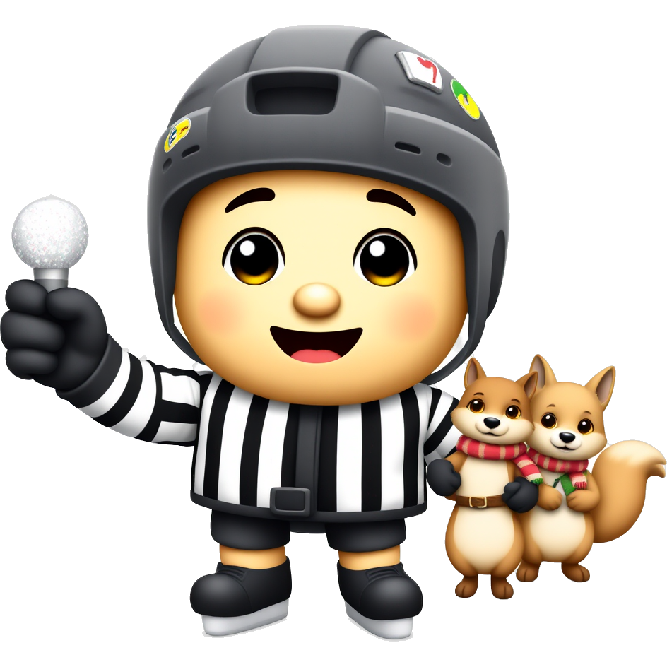 Adorable emoji dressed as a charming referee, twirling a glittering whistle on a sparkly hockey rink, surrounded by animated snowflakes. Its oversized, vibrant helmet has playful stickers, while its expressive eyes cheer on tiny woodland creatures skating by, draped in festive scarves and twinkling lights.