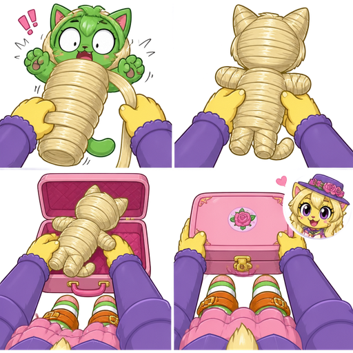 green boy cat furry getting quickly wrapped up mummified from head to toe by furry yellow cat anthro with purple eyes light blonde hair purple and pink florist hat and purple florist outfit green and white socks orange boots with buckles light pink skirt in first person view with light blonde hair 2 light blonde hair mummy shaped like green boy cat furry completely covered with light blonde hair mummy from head to toe then furry yellow cat anthro with purple eyes light blonde hair purple and pink florist hat and purple florist outfit green and white socks orange boots with buckles light pink skirt in first person view picks up the light blonde hair mummy shaped like green boy cat furry completely covered with light blonde hair mummy from from head to toe places into the open pink case and closes it cute chibi kawaii cartoon happy tree friends comic version