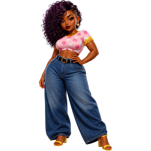 Banoffee With a Dark-Deep Warm Chestnut Skin Tone With a Heart Shaped Lip Shape with a Fox Eyelash Set Up and a Dark Red Bold Matte Lipstick Finish Look and a Upward Eyebrow Shape with a Close Set Eye Shape and a Round Face Shape with a Long Deep Purple Curly Afro-Textured Style and is Shaved on the Other Side Wearing Gold Diamond Earrings with a Pastel Pink Crop Top along with A Printed Pattern of Pink Circles and White And Blue Triangles with the Short Yellow Sleeves Being Fringed and the Shirt’s Neck-Lining Being Yellow Wearing Denim Oversized Flowy Pants With a Black Belt around the Waist and the Buckle is Gold Wearing Yellow Open Toe Ankle Strap Block Heel Sandals with a Mature Adult Curvy Toned Build and a Luminous Glazed Complexion with a 3D Naturalistic Animation and a Luxury Glossy with a Refined Pristine Set Up and a Theatrical Appearance