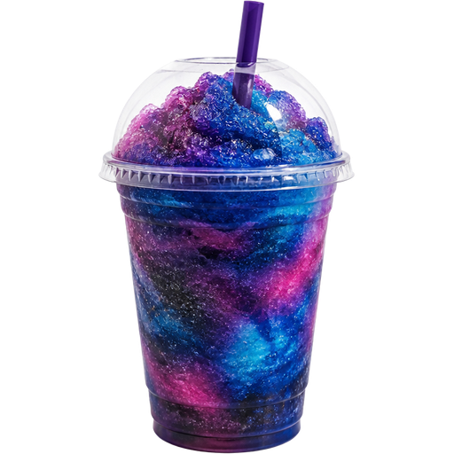 Galaxy Shaved Ice Slushie in a Plastic Cup and Plastic Dome Lid with a Straw Mixed in with Extra Syrup