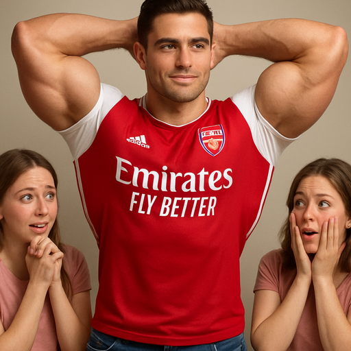 A Buff Hot And Muscular Guy with Humongous Biceps and Pecs With brown hair and Brown Eyes. In A Arsenal FC Jersey and Jeans Making Girls Blush by Stretching with his hands behind his head
