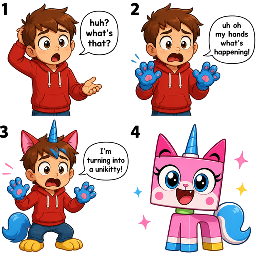 comic transformation 1 boy huh? what's that? 2 boy with blue hands to paws uh oh my hands what's happening! 3 boy with blue hands to paws feet to yellow paws pink cat ears blue unicorn horn I'm turning into a unikitty 4 unikitty