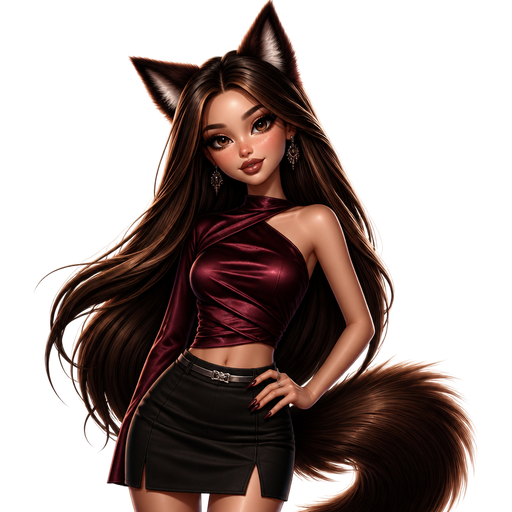 semi-realistic soft cartoon luxury glam, mini plush Bratz-doll aesthetic, cinematic glow, crisp clean detail, glossy glam skin. brown eyed Petite 5ft girl, fair skin with soft freckles, wide face with tall forehead, honey-brown almond wide-set upturned eyes, fluttery lashes, shimmer highlight, plush lips, bottom heavy lip, sweet Belle-princess vibe, long straight brunette hair with visible caramel highlights, wearing a deep wine asymmetrical satin top with fitted draping and a subtle shoulder cutout, a black mini skirt with polished paneling and a slim silver belt, statement earrings, dramatic fox ears, a long fluffy tail, voluminous flowing hair, makeup with burgundy-brown smoked eyes, sculpted cheeks, soft highlight, and a glossy mauve-nude lip, posing with glamorous dangerous energy and a calm confident smile