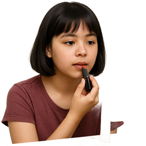 Una chica con un tocador con un glos pintándose los labios con la chica monorinita pelo negro chaparrita