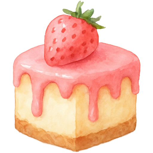 a cheese cake with pink coating that flowing down the sides on a white plate. on the top there is a pink strawberry