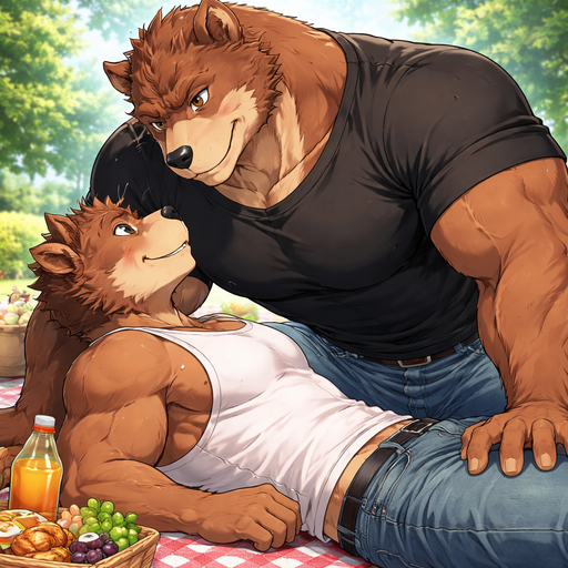 A Full BODY and FACE of a Muscular and Buff and a Gigantically Muscular with Chunky Gigantic Pecs AND biceps and a BIGGER head with the Perfect Waist. VERY Masculine and handsome Anime Bara Furry Grizzly Bear with a Very Good-looking and Mature Face and brown eyes with a wrestler type body. Dressed in a Black Baggy Shirt and Jeans. On a Picnic with his Boyfriend. Leaning over him really closely