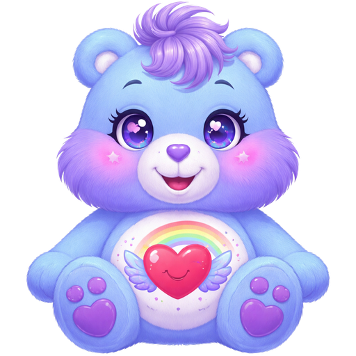 Dream Bright Sky Blue Care Bear with Ombré Lavender at the bottom of the head and lavender tufts of hair with lavender star-shaped blush also with Lavender Paws and Feet and Heart shaped Pupils in the eyes with a smiling red heart with blue wings and a Rainbow Following from behind the top of it on the stomach with a Purple Heart nose