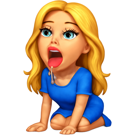 White woman, blonde hair, blue eyes, long thick lashes, kneeling, full lips with red lipstick, mouth open, and tongue out drooling, wearing blue dress