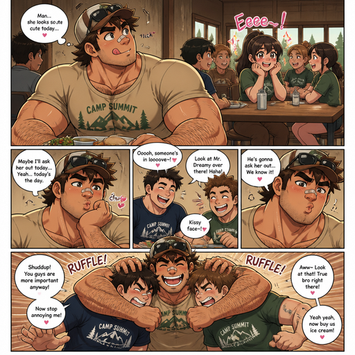 A ANIME Comic Book STORY of a Bulky but Muscular ANIME Cute Bara Man With Peach toned skin Who looks Normal and a huge and Masculine round facial Structure and Basic facial structure With Puffy and Big Pecs that are visible through the shirt and Biceps and Bandaid on his nose and Brown Spiky hair and His Hair Curls At the tip of strands. Wearing a camp T-shirt but no gear and short shorts with A Hat with glasses and has a Hairy body and looks very manly and Attractive and Hot. He‘s At a Lunch table with his friends. And looking at her looking cute and irresistible while he looks up and he licks his teeth and at his camp crush while at a different table with his friends by her and she geeks out worh at the other table and he lightly chuckles and he Makes a Kissy faces and his friends teases him And he is about to ask the girl on a Date but the his friends are more important and life long friends and flirts with him and he Puts them head locks with both arms and ruff houses