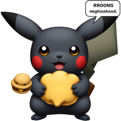 Pure Black pikachu with fried chicken and grape coolaid in O’block saying “wrong neighborhood” while whipping hamburgers with his tail