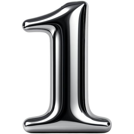 High shine chrome number 1 in serif font. Strong top left light source, medium pillow inflation, high contrast reflection, soft bevel fully rounded