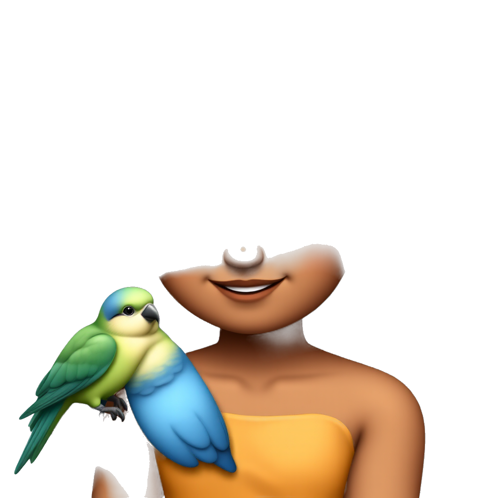 A smiling girl with a slightly dark complexion, with soft, curly hair, black hair that reaches below her shoulder length, beautiful eyebrows, and a bird on her shoulder, blue on the belly, green on the head, and white on the forehead.