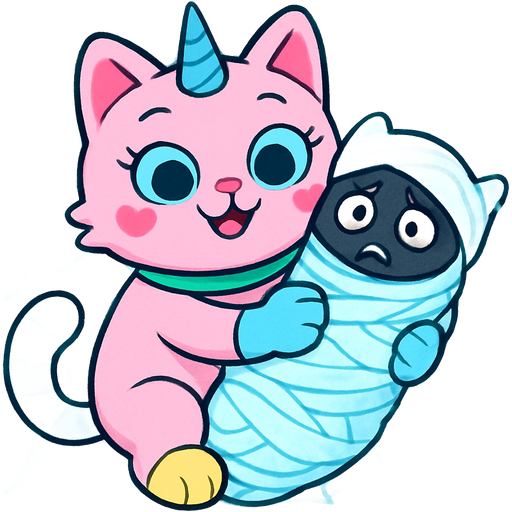 giant pink cat spider hybrid with blue unicorn horn green collar blue eyes with eyelashes heart shaped cheeks white wrists blue hands white ankles yellow feet blue and white tail happy hugging #B8FFFF slikworm cocooned pod black cat anthro worried covered with #B8FFFF huge coating of #B8FFFF slik and huge #B8FFFF slik wrappings and huge #B8FFFF webbing wrappings #B8FFFF emoji, artistic style
