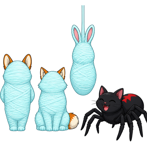 wrapped up and mummified fully covered in a #B8FFFF spider slik cocoon shaped like furry corgi arms behind back and legs together with #B8FFFF spider slik wrappings completely covered with thick layers non-transparent #B8FFFF spider slik wrappings on the wall next to wrapped up and mummified fully covered in a #B8FFFF spider slik cocoon shaped like furry fox arms behind back and sitting down with #B8FFFF spider slik wrappings completely covered with thick layers non-transparent #B8FFFF spider slik wrappings next to wrapped up and mummified fully covered in a #B8FFFF spider slik cocoon shaped like furry rabbit hanged with #B8FFFF spider slik wrappings completely covered with thick layers non-transparent #B8FFFF spider slik wrappings on the ceiling next to a happy black widow spider cat drider hybrid
