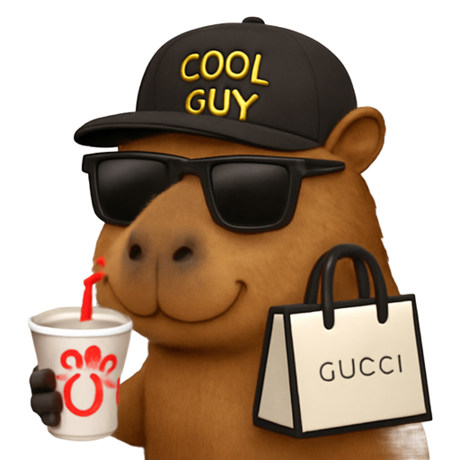 Capybara wearing sunglasses and a hat that says cool guy and holding Chick-fil-A cup and red straw and has a Gucci on the side of a white bag