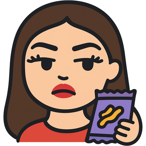 a girl with red lip gloss and long lashes and thick eyebrows and takis and a Stanley with a judging face people emoji, cute character