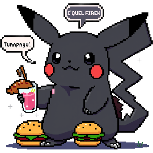 Pure Black pikachu with fried chicken and grape coolaid in O’block saying “wrong neighborhood” while whipping hamburgers with his tail
