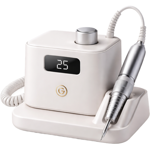 A highly realistic professional nail e-file drill system, featuring a compact rectangular control unit in a soft matte white finish. The device has a minimal digital display screen, a small control knob on top, and subtle, elegant gold logo detailing on the front. A sleek metallic handpiece (silver/chrome) is attached via a white coiled cable, with realistic texture and slight reflections. The handpiece rests neatly in a matching white holder attached to the base. The base is smooth, curved, and minimal in design. Lighting is soft and diffused, creating a clean, high-end salon aesthetic with gentle shadows