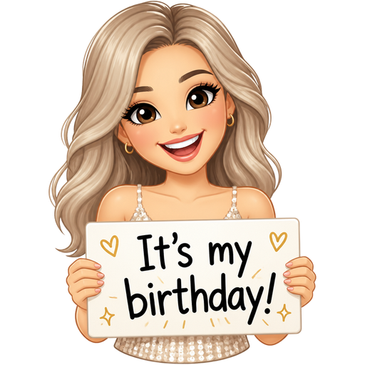 light skin woman with ash blonde hair wearing a summer top with sequins on it holding a sign that says It's my birthday!