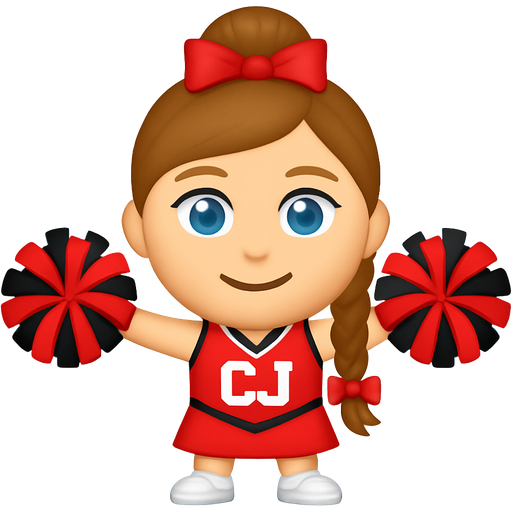 Blue eyes but light blue with a little green for the eyes the mouth is closed, but kind of smiling and it’s a cheerleader and the pom-poms are black and red with a CJ uniform and hair up in in a brain and tennis shoes, but white and a bow at the end of the braid for the hair that’s all nothing else. That’s all I want. Make the head too make the pom-poms, red and black for both.
