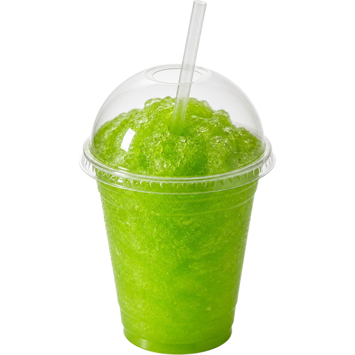 Green Apple Lime Soft Shaved Ice Slushie in a White Plastic Cup and Plastic Dome Lid with a Straw Mixed in with Extra Syrup