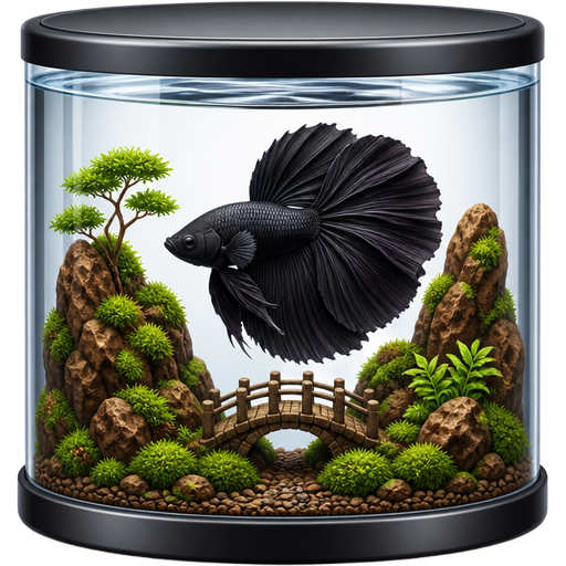 Black orchid beta fish inside a large cylindrical tank with brown rocks, light green moss, and a bridge