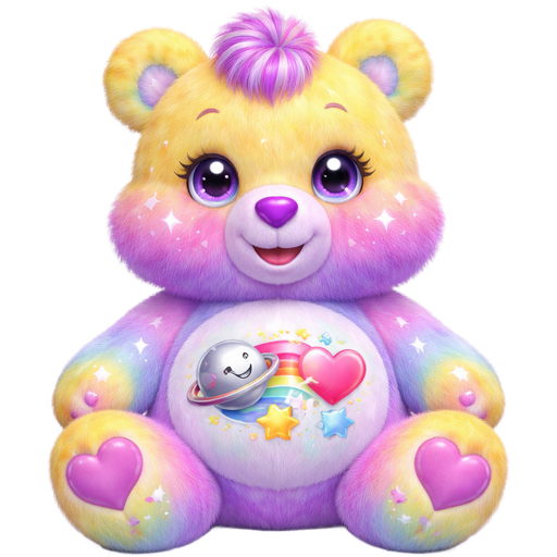 Starlight Love Care Bear with Gradient Pink/Purple Striped Mixed Pattern Fur and Gelato Ombré Yellow Ears, Paws, Feet and The Upper-Half of the Face is also Gelato Ombré Yellow with Shooting Stars and Lightning Strikes on the The Paws, Upper Face, Ears and Feet with a Smiling Sliver Saturn with the Ring being Half Silver and Pink Next to a Rainbow Shooting Pink Heart with Yellow, Pink, and Blue Stars Surrounding it on the Stomach with White Twinkles in the pupils of the eyes and Purple and Pink striped Tufts of hair and a Purple Heart Nose