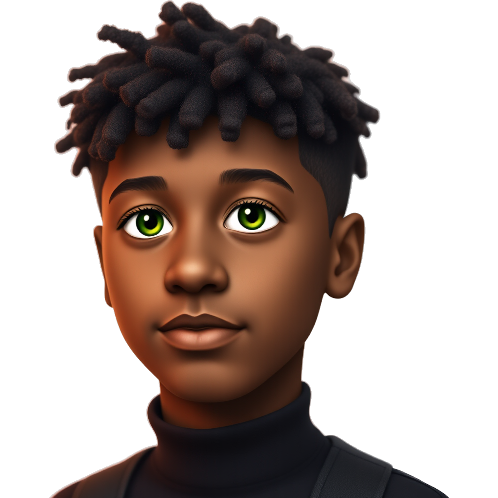 “Dark-skinned boy with striking green eyes, soft pastel background, ethereal lighting, Gen Z fashion vibes, dreamy atmosphere.”