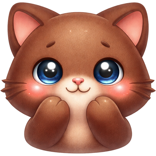 iOS-style emoji of котик умиляется clean soft 3D render, smooth rounded shapes, subtle glossy finish, minimalistic design, deep warm brown base (#583722) instead of yellow, soft desaturated blue accents (#BDD7DE), gentle gradients, soft ambient lighting, slight inner glow, polished surface, expressive but simple facial features, centered composition, plain light background, ultra clean, high resolution, cohesive apple emoji aesthetic