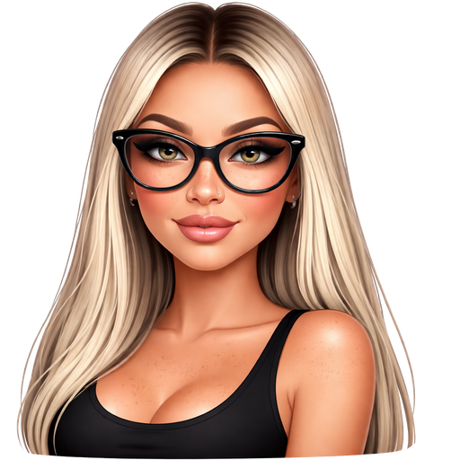 40 year old latina baddie with slightly full lips a slight bumpy nose round face cheek bones with freckles almond shaped with light gray colored eyes lashes shiny nose piercing fair skin with freckles across nose with shiny nose ring and very long straight icy blonde hair and dark roots parted in the middle serious and large black glasses wearing a black tank top