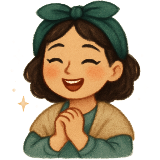 cute magical mom emoji, laughing with closed eyes, warm cozy glow, light beige skin, deep green and sky blue accents, soft red touches, tiny sparkles, gentle magical aesthetic, soft natural colors, no yellow skin, dark hair