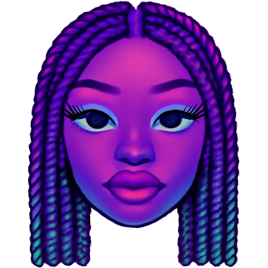 Pretty black girl with long braids and big lashes and big lips and upturned eyes and a small nose and thin brows
