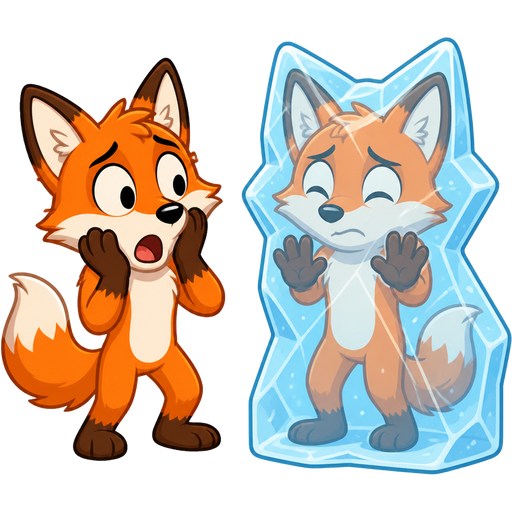 orange anthro fox next to orange anthro fox frozen in ice shaped like a anthro fox clipart cartoon style