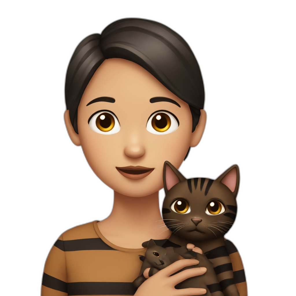 Girl holding a brown cat with black stripes A girl holds a brown cat with black stripes. The girl has short brown hair and a mole under her lips.