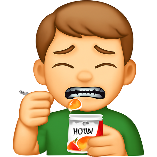 12 year old boy with white skin, blue eyes, light brown hair, braces with blue bands, with a painful mouth, eating yoplait orange crème yogurt