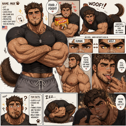 An Anime comic book of a Bulky and Slim and Small Waist and Huge Biceps but Muscular and more Muscle than Fat ANIME Cute Bara Man Who looks Normal and American with a round facial Structure and Basic facial structure With Puffy and Big Pecs that are visible through the shirt and Biceps and Bandaid on his nose and is Hot and Cute. And he has anthropomorphic features like a Dog tail and Ears and Teeth and more body hair and a little bit more Hair on his head and has claws and no human ears and more hair on his head but still short and can change eyes from human to wolf when his instincts show and sometimes will act like an adorable dumb wolf, and sometime acts attractive Hot and dreamy and licks a Fang