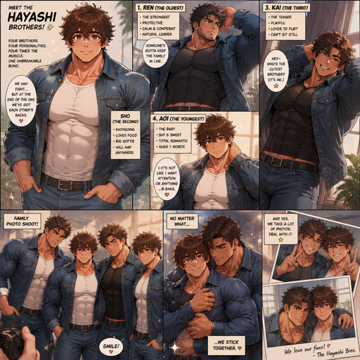 An Anime Comic Book story of a Bulky and ANIME Cute Bara Man With Peach toned skin Who looks Normal and round facial Structure and Basic facial structure With Puffy and Big Pecs that are visible through the shirt and Biceps and Bandaid on his nose and Brown and fluffy hair and buff and bulk and no shredded muscle. Wearing normal clothes. And the comic introduces each of his 3 Cute brothers and you can tell there related. and the oldest is the strongest and biggest of them each with different personalities and all BEEFY and HUNKY and HUGE and MUSCULAR. And there a hot and Attractive and irresistible faces and they put jeans jackets and Jeans. Modeling and stretching and Looking Hot dreamy and Irresistible with there big body’s and take photos of 2 and on hugging the other around the waist