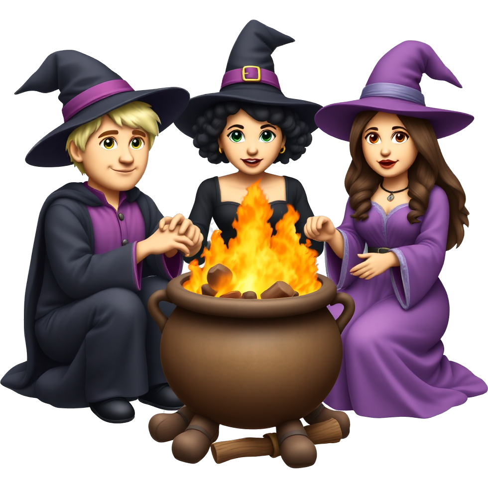 three witches around a flaming cauldron, one is a man with strawberry blonde short hair wearing pink with green eyes, one is a light skin tan busty girl with black curly hair wearing black, one is a busty brunette girl with brown eyes and long wavy hair wearing purple. They are holding each other’s hands and chanting magic spells