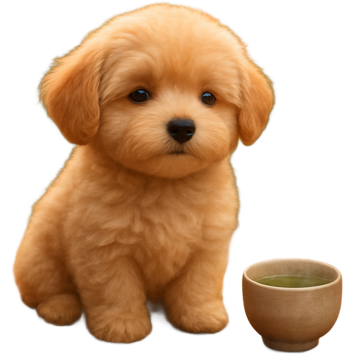 Create a realistic 3D emoji of a Maltipoo puppy in a Japanese garden during autumn, surrounded by red and orange maple leaves. The puppy has a light caramel coat, small face with big eyes, and a peaceful expression. A small cup of green tea stands beside it on the wooden floor. Style: Apple emoji look, realistic 3D, soft sunlight, cozy zen mood. Mood: peaceful, meditative, autumn calm.